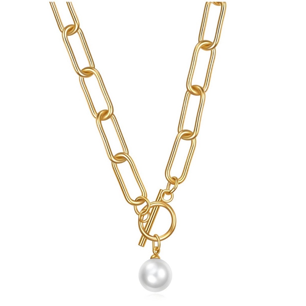 Gold Pearl Toggle Necklace Waterproof Stainless Steel NWT - Picture 2 of 2